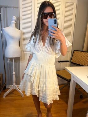 IRO Mapple White Smocked-Waist Tiered Mini Dress